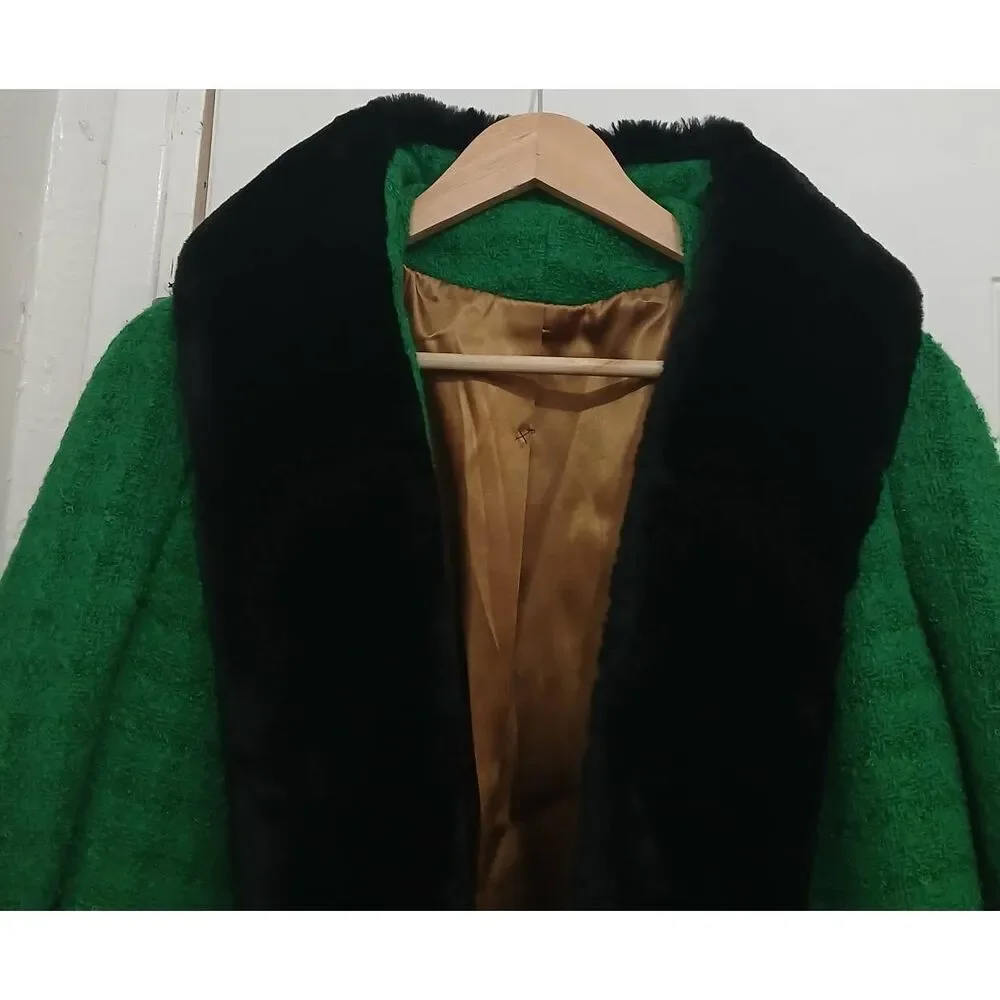 Vintage Hayward Schuster womens medium 70's fur  blazer wool kelly green black